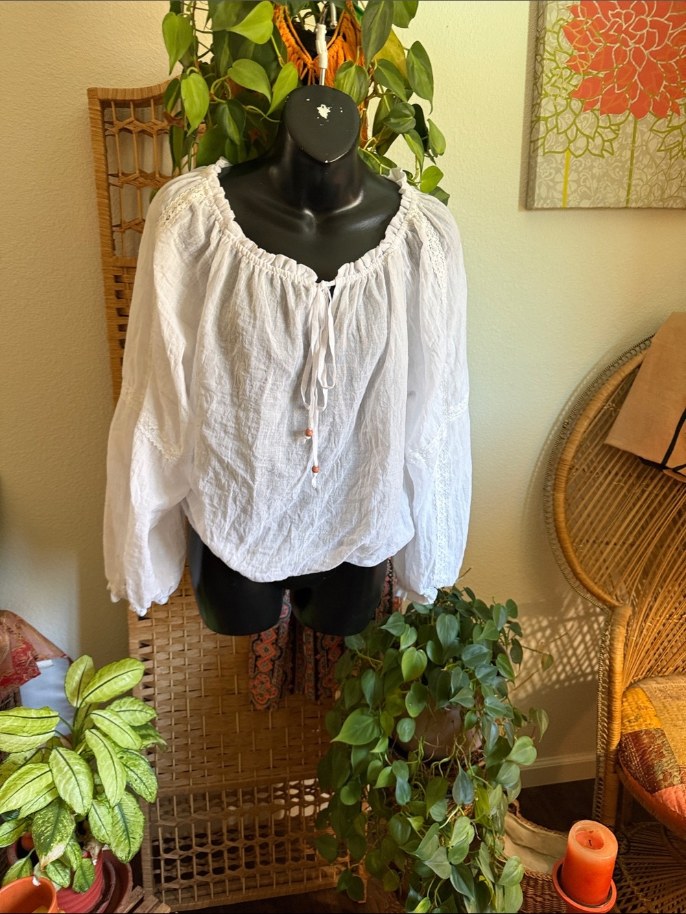 Boho Women’s White Peasant Blouse with beaded Tie Neck